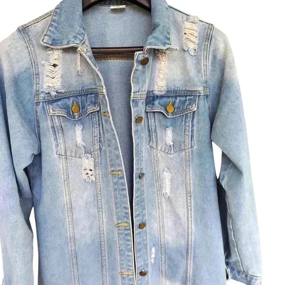 Trendy Like New Distressed Denim Maxi Jacket Blue Jean Duster - Picture 2 of 6